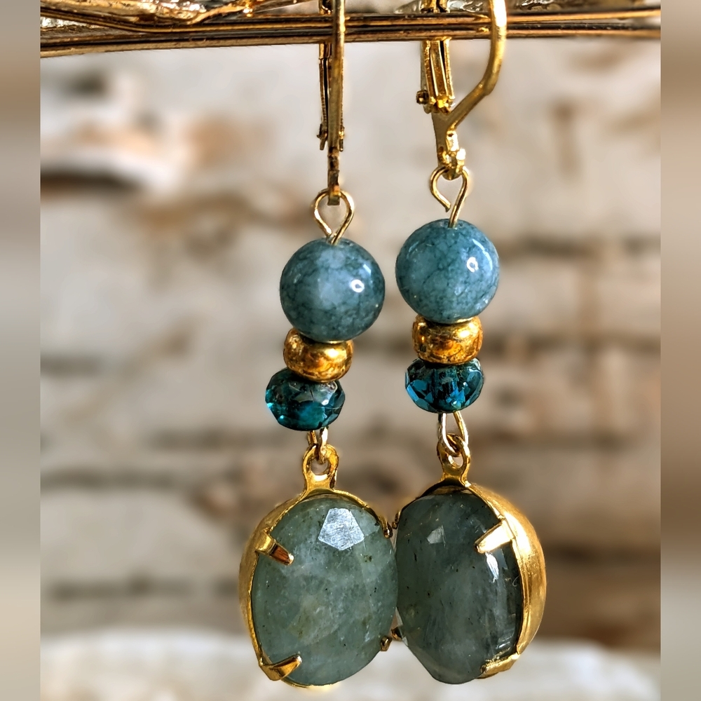 13.46 Natural Untreated Raw Aquamarine And Bead Drop Down Earrings